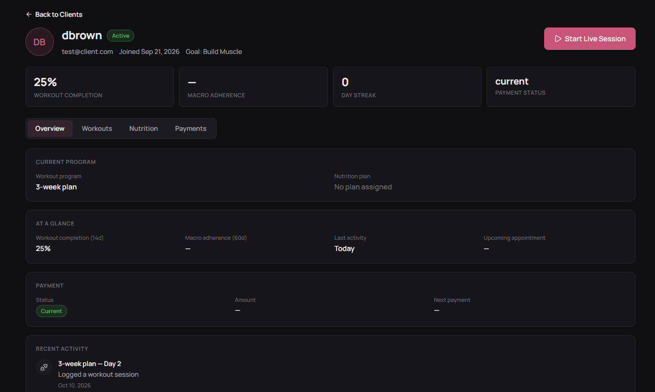 A client profile in Vonna showing workout completion, current program, payment status and recent activity