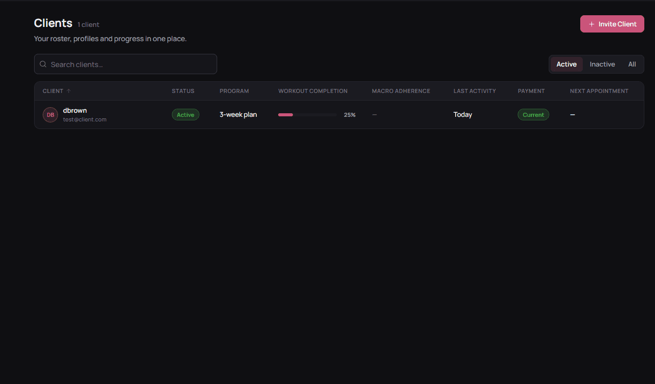 The Vonna client roster with status, program, workout completion and payment columns