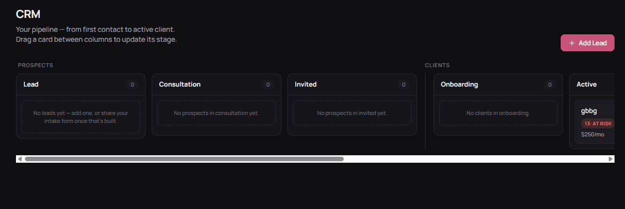 The Vonna client pipeline with lead, consultation, invited, onboarding and active columns