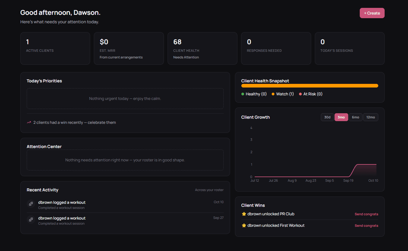 The Vonna command center showing active clients, recurring revenue, client health, client growth and recent client wins