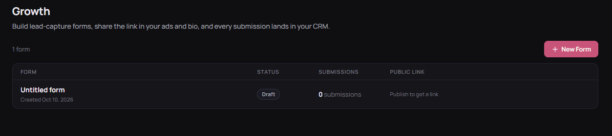 Lead capture forms in Vonna with status, submission count and public link
