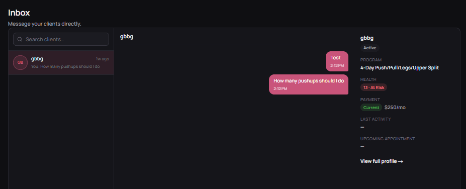 The Vonna inbox with a client conversation and that client's program, health and payment details