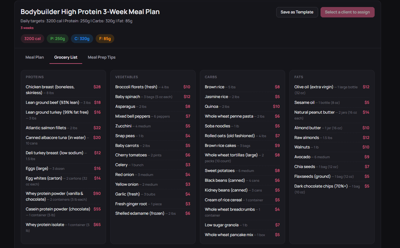 An AI-generated 3-week bodybuilder meal plan in Vonna with daily macro targets and a grocery list of proteins, vegetables, carbs and fats with estimated prices
